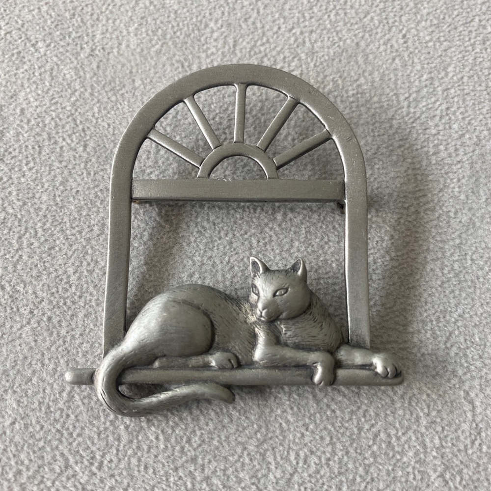 Brooch Pin of pewter Cat in the Window Relaxing by Jonette Jewelry